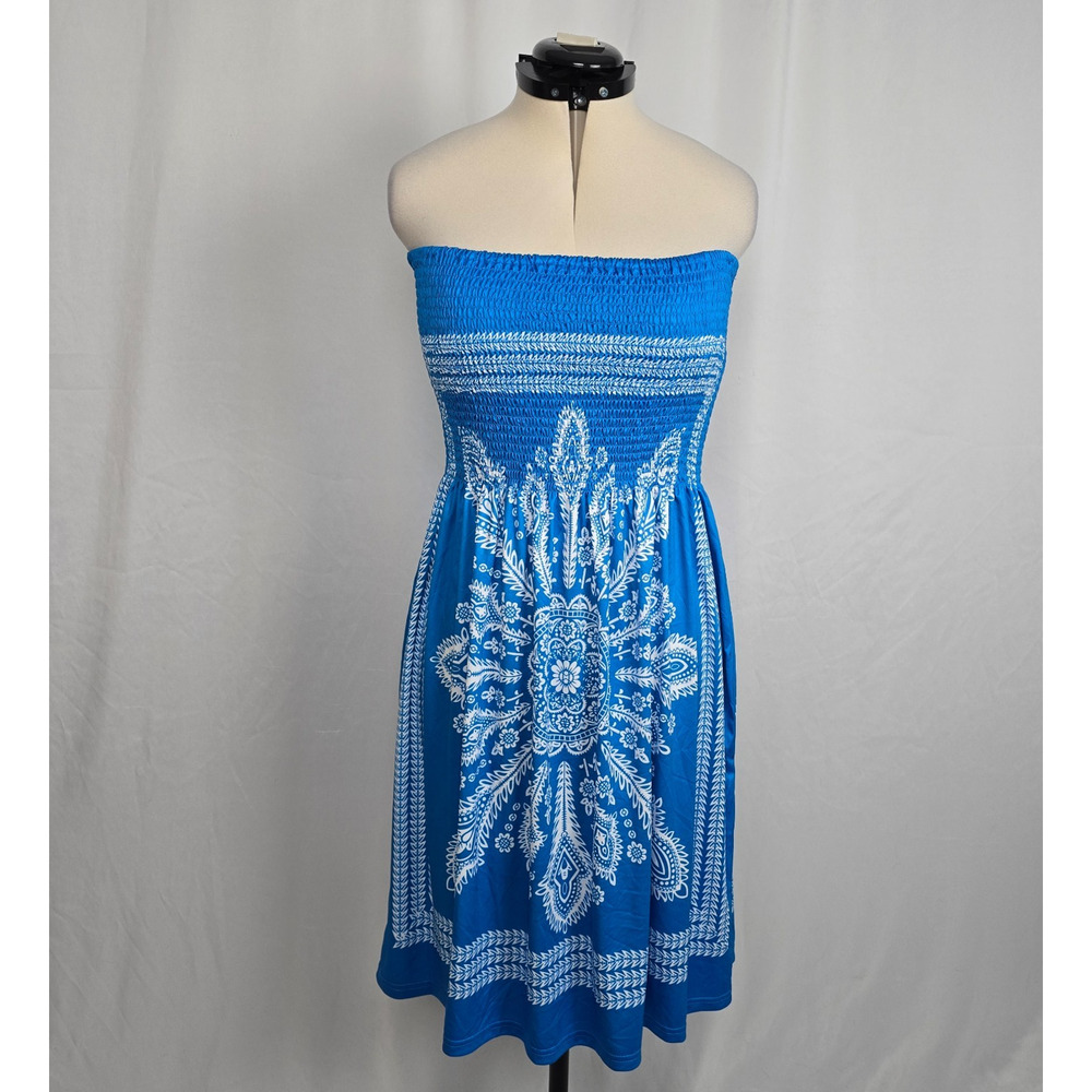 LA Class Boho Shirred Strapless Dress Women's S Blue White Knee NWT